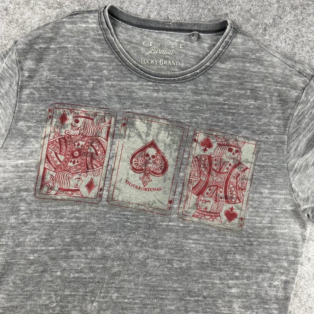 Lucky Brand Venice Burnout Men Small Grey Skeleton Playing Cards Graphic T-Shirt